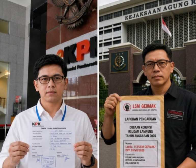 Dugaan Gratifikasi Dinas BMBK Lampung dan Dugaan Korupsi Rp2 Milyar RSUD Abdul Moeloek Diseret ke KPK dan Kejagung Jakarta, Infosos.id – Dewan Pimpinan Pusat (DPP) LSM Gerakan Masyarakat Anti Korupsi (GERMAK) meningkatkan tekanan terhadap dugaan penyimpangan anggaran di lingkungan Pemerintah Provinsi Lampung. Dalam dua hari berturut-turut, organisasi tersebut melaporkan Dinas Bina Marga dan Bina Konstruksi (BMBK) ke Komisi Pemberantasan Korupsi (KPK) serta RSUD Abdul Moeloek (RSUDAM) ke Kejaksaan Agung RI. Langkah hukum itu diawali pada Kamis (23/7/2026) saat Ketua Umum DPP LSM GERMAK, Heriansyah, mendatangi Gedung Merah Putih KPK di Jakarta untuk menyerahkan laporan pengaduan bernomor Lapdu.114/LSM-GERMAK/DPP.I/VII/2026. Dalam laporannya, GERMAK meminta KPK mengusut dugaan praktik pengondisian proyek dan setoran fee di lingkungan Dinas BMBK Provinsi Lampung yang diduga terjadi pada pelaksanaan proyek Tahun Anggaran 2025 hingga 2026. Menurut Heriansyah, penyidikan tidak boleh berhenti pada pelaksana proyek semata, tetapi harus menyasar pihak-pihak yang diduga mengendalikan pengadaan maupun menikmati aliran dana. "Kami meminta KPK menelusuri seluruh dokumen pengadaan, rekam jejak komunikasi para pihak, hingga aliran dana yang diduga berkaitan dengan praktik fee proyek. Jangan hanya berhenti pada pelaksana di lapangan. Telusuri siapa yang mengatur, menerima manfaat, maupun menikmati aliran dana tersebut," tegas Heriansyah. Sehari kemudian, pada Jumat (24/7/2026), GERMAK kembali mendatangi Kejaksaan Agung RI dengan membawa laporan dugaan tindak pidana korupsi di RSUD Abdul Moeloek Lampung melalui surat pengaduan bernomor Lapdu.113/LSM-GERMAK/DPP.01/VII/2026. Pelaporan tersebut mengacu pada Laporan Hasil Pemeriksaan (LHP) BPK RI Perwakilan Provinsi Lampung Nomor 43B/LHP/DJPKN-V.BLP/PPD.01/05/2026 tertanggal 26 Mei 2026 yang mengungkap berbagai temuan pada pelaksanaan proyek Tahun Anggaran 2025 dengan nilai lebih dari Rp2 miliar. Berdasarkan laporan BPK, ditemukan ketidakhematan pada pengadaan generator set (genset) senilai Rp4,75 miliar dengan nilai temuan mencapai Rp950,25 juta. Selain itu, terdapat kelebihan pembayaran akibat kekurangan volume pekerjaan pada proyek instalasi listrik sebesar Rp625,77 juta, pembangunan Gedung Forensik sebesar Rp204,66 juta, pembangunan Power House dan Gardu Hubung sebesar Rp30,8 juta, perluasan Gedung CSSD sebesar Rp36,96 juta, serta pembangunan Gedung Instalasi Gizi Tahap II sebesar Rp36,3 juta. Meski sebagian kelebihan pembayaran telah dikembalikan oleh penyedia pekerjaan, GERMAK menilai pengembalian tersebut tidak menghapus kemungkinan adanya unsur pidana apabila ditemukan perbuatan melawan hukum dalam proses pelaksanaan proyek. "Temuan BPK bernilai lebih dari Rp2 miliar ini harus menjadi perhatian serius. Jangan sampai uang rakyat yang nilainya miliaran rupiah hanya berakhir sebagai rekomendasi administratif. Kami meminta Kejaksaan Agung mengusut tuntas sejak tahap perencanaan, pelaksanaan hingga pembayaran proyek," ujar Heriansyah. GERMAK juga mendesak Kejaksaan Agung dan KPK bekerja secara profesional, independen, dan objektif dalam menindaklanjuti laporan tersebut agar seluruh pihak yang terbukti bertanggung jawab dapat dimintai pertanggungjawaban sesuai ketentuan hukum yang berlaku. "Meski demikian, kami menegaskan tetap menjunjung tinggi asas praduga tak bersalah dan menyerahkan seluruh proses pembuktian kepada aparat penegak hukum" pungkas Ketum GERMAK, Heriansyah Hingga berita ini diterbitkan, belum ada tanggapan resmi dari pihak Dinas Bina Marga dan Bina Konstruksi Provinsi Lampung maupun RSUD Abdul Moeloek terkait materi laporan yang telah disampaikan GERMAK kepada KPK dan Kejaksaan Agung RI.