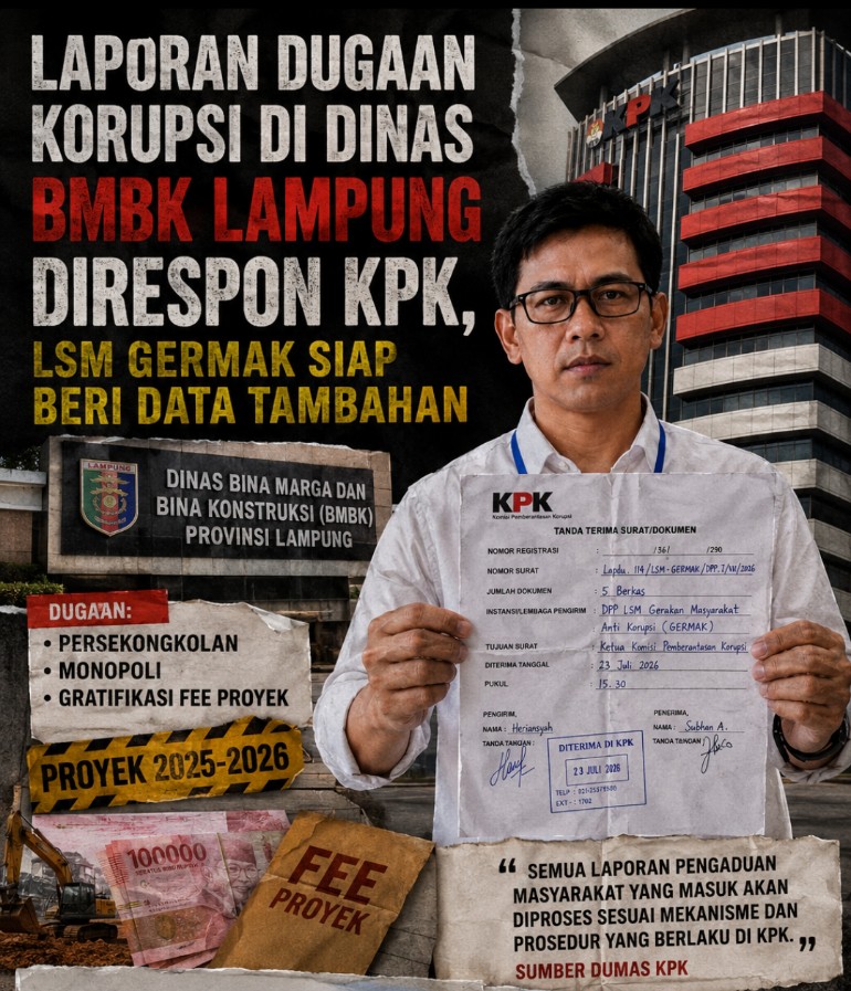 Siapkan Data Tambahan Dugaan Fee Setoran Proyek di Dinas BMBK Lampung, Laporan LSM GERMAK Direspon KPK